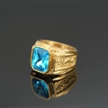 Vintage gold-plated dragon ring for men featuring a large rectangular blue gemstone inlay - US 7 / Gold Blue