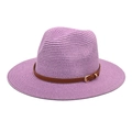 Detailed view of the woven purple Panama hat with a brown leather belt buckle strap - Taro Purple