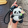 Portachiavi panda in pelle con fiore rosa, corda intrecciata e fibbia in metallo - Tiene un Bouquet