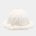 Plush faux fur winter bucket hat in white with a fluffy pompom for cold weather warmth - White