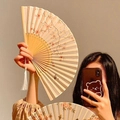 Chinese bamboo folding fan with light color floral and bird patterns in vintage style - White Costume