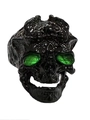 Gothic punk black skull ring for men with striking green crystal eyes and relief details - Black Green Eye Skull