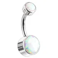 Detailed macro view of G23 titanium belly ring with double prong-set opal stones - 1.6x8mm Bar / White Opal