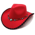 Red wool felt western cowboy hat with ethnic beaded band and black braided edge trim - M(56-58cm) / Red