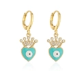 Boucles d'oreilles cœur dorées style français avec couronne, œil émail et zircons - Bleu sarcelle