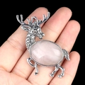 Retro silver elk brooch pendant with a large oval pink crystal gemstone inlay - Rose Quartz
