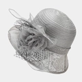 Detailed view of silver organza flower and delicate lace on an elegant sun hat - Light Gray