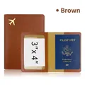 Brown PU leather passport holder with golden airplane icon and 3x4 inch clear ID window - Brown