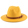 Bright yellow wool felt fedora hat with wide brim and brown buckled suede band - Yellow