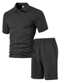 Men's black knitted polo shirt and shorts set with textured jacquard fabric - S / Black