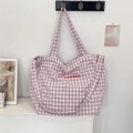 Detail of purple checkered tote bag with Sozakka embroidery hanging on a white wall - Purple Plaid