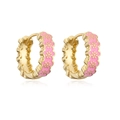 Detail of gold-plated huggie hoop earrings with pink enamel and floral patterns - Pink