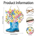 Detaillierte Maße und Dicke des Hello Spring Stiefel Holzschilds mit Blumenmuster - Blaue Gepunktete Regenstiefel-Stil (Y26Y90076_Q)