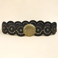 Vintage zwarte leren korsetriem met turquoise inleg en ronde metalen gesp - Brons Zwart / 100cm