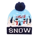 Blue LED Christmas beanie featuring snowman patterns and Let it Snow knit text - SNOW