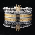 Three-piece set of men's titanium steel bracelets with gold crown and Roman numerals - Steel Color Gold Crown Grid with White Zirconia