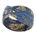 Blue and beige floral twist headband made of soft stretch fabric in retro style - Blue Background Beige Floral (49)