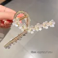 Elegant gold flower hair claw clip with rhinestones and white petals, 11cm length - Rhinestone Camellia Claw