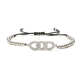 Bracelet cordon noir ajustable avec trois anneaux argentés et pierres de zircone cubique - Anneaux Triple Emboîtement (H)