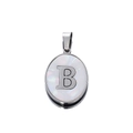Detailed macro view of oval stainless steel pendant with letter B on white mother of pearl - Steel Letter B