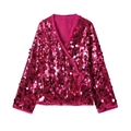 Detail of fuchsia sequin wrap top featuring a V-neck design and glossy long sleeves - Rose Red