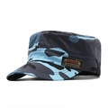 Close-up of blue camo patrol cap showing the leather brand label and cotton twill texture - Adjustable / Blue Camouflage (01)