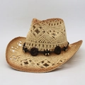 Hollow out straw cowboy hat with wide brim and brown gradient edge for beach travel - Dark Coffee Circle Decor / Beige Coffee