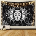 Detail view of bohemian moon phase tapestry with sun and mystical patterns on a black wall - 73X95CM / Sun Moon Stars Face