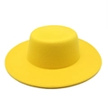 Detail view of ginger wool felt boater hat with flat brim and wide cylindrical crown - M (56-58cm) / Yellow