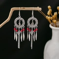 Bohemian silver drop earrings with vibrant red beads and cascading metal tassels - E5100-2 Red Leaf Tassel