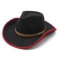 Classic black wool fedora cowboy hat with red wavy stitching and brown leather band - M (56-58cm) / Black