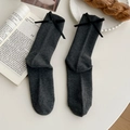 Dark grey mid-calf ribbed cotton socks with black ribbon bow in a retro style - One Size / Dark Gray