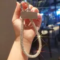 Luxury full rhinestone long phone lanyard with silver metal clasp and sparkly finish - Short Thick Full Rhinestone Lanyard + Metal Patch / Silver