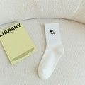White cotton mid-calf sock featuring a cute black embroidered smiley face on the cuff - Naughty Ghost / White (Naughty Ghost)