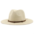 Vintage western straw cowboy hat with brown leather band and metal buckle detail - Beige