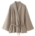 Detail of khaki cotton linen cardigan showing textured fabric and waist tie closure - Khaki Top
