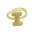 Adjustable gold open ring featuring a sparkling micro-pave crystal letter I charm - Adjustable Open / Gold-I