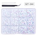 12 Fächer weiße AB Nailart Harz Strasssteine Set mit Applikatorstift und Pinzette - Reinweiß AB Ausführung (SZT-044纯白AB)