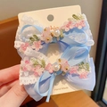 Handmade light blue lace bow hair clips with pink embroidery and pearl details - Lace Embroidery Bow (1615) / 2 Pcs/Set / Quiet Blue