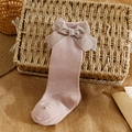 Calcetines altos rosas para bebé con lazo grande de terciopelo y purpurina plateada - S 0-6 Meses / Rosa
