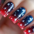 Star pattern long square press-on nails with blue and red gradient glitter finish - Yellow Jelly Glue Set
