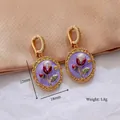 Vintage purple floral enamel oval earrings with gold trim and pearl accent detail - Purple Vintage Floral [C-32]