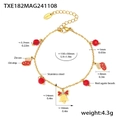 Bracciale in acciaio dorato con perline di agata rossa e ciondoli natalizi in zircone - Bracciale con Perline di Agata Rossa ed Elementi Natalizi Oro