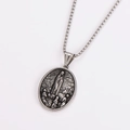 Macro shot of silver vintage Fatima embossed pendant on a stainless steel box chain - Antique Silver (With Chain)