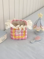 Panier à linge à carreaux roses avec volants et broderie papillon perlée sur fond bleu - Petit (14.5x14x15cm) / Rose Petit