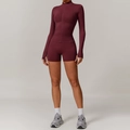 Women's two-piece seamless burgundy yoga set with long sleeve zip jacket and shorts - S / Jacket + Shorts / Cherry Red