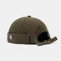 Detail of adjustable metal buckle and N embroidery on army green docker hat - Army Green