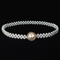 Elegant multi-strand white pearl waist belt with gold rhinestone buckle on black background - Round Rhinestone Large Pearl Buckle (款式1)