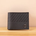 Classic black men's short wallet featuring woven texture and matte leather finish - Black