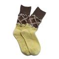 Vintage floral patchwork socks with textured crochet and mustard yellow knit detail - One Size / Coffee Cuffs